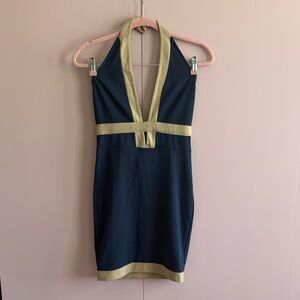 Sleeveless Navy Halter Dress with Beige Trim